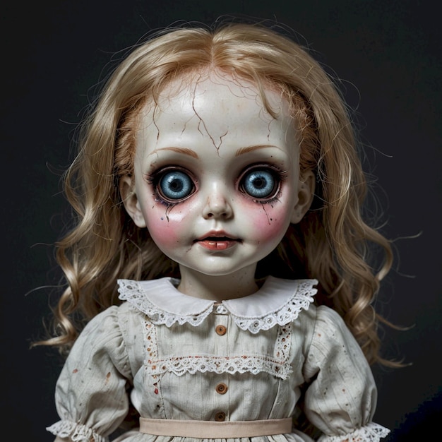 a doll with red hair and a white dress has a creepy face