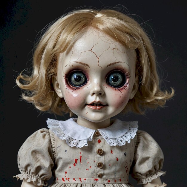 Photo a doll with red hair and a white dress has a creepy face