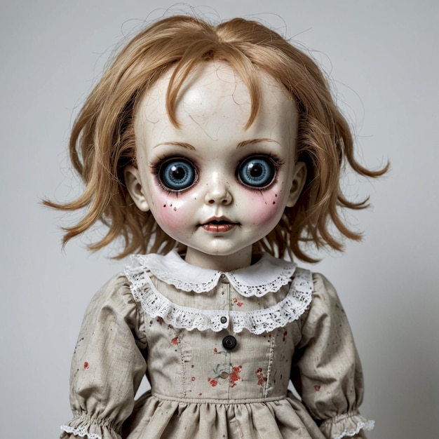 a doll with red hair and a white dress has a creepy face