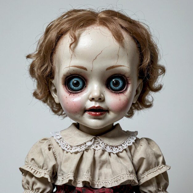 a doll with red hair and a white dress has a creepy face