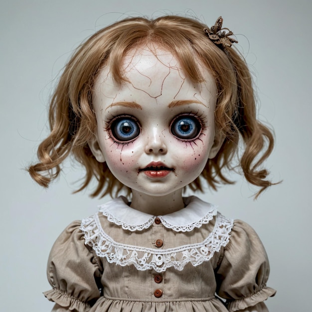 a doll with red hair and a white dress has a creepy face