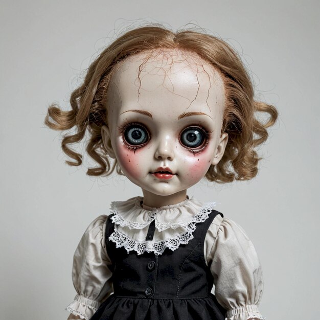 a doll with red hair and a white dress has a creepy face