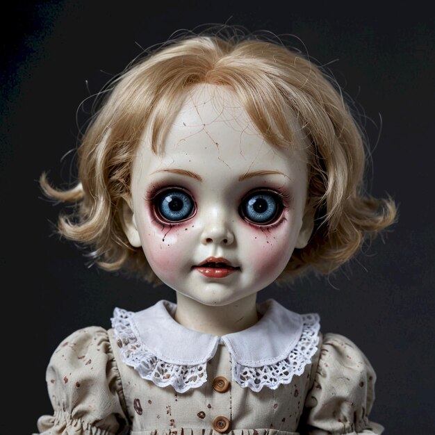 a doll with red hair and a white dress has a creepy face