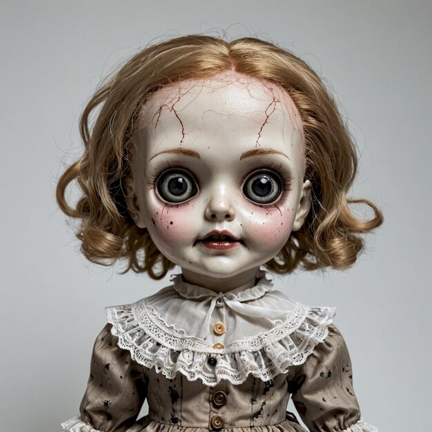 a doll with red hair and a white dress has a creepy face