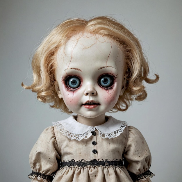 a doll with red hair and a white dress has a creepy face