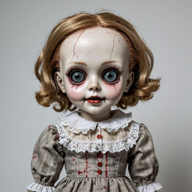 a doll with red hair and a white dress has a creepy face