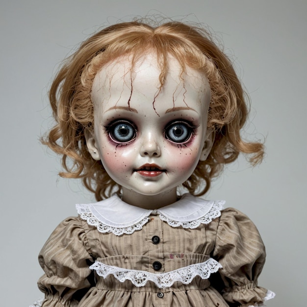 Photo a doll with red hair and a white dress has a creepy face