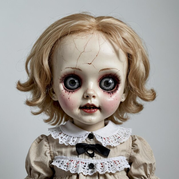 a doll with red hair and a white dress has a creepy face