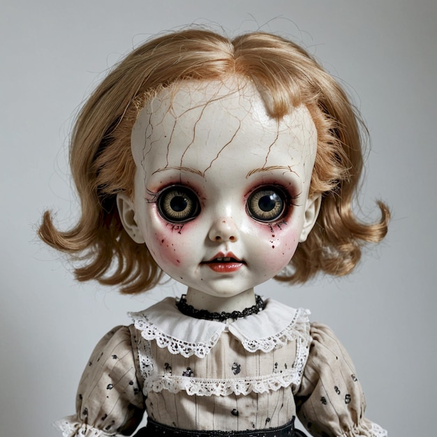 a doll with red hair and a white dress has a creepy face