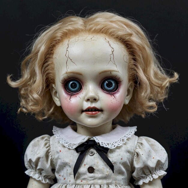 Photo a doll with red hair and a white dress has a creepy face