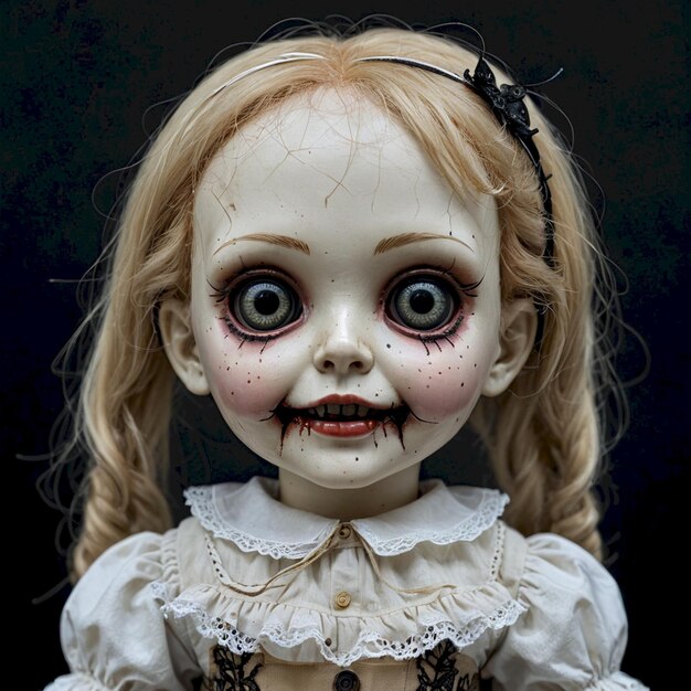 Photo a doll with red hair and a white dress has a creepy face