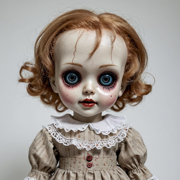 a doll with red hair and a white dress has a creepy face