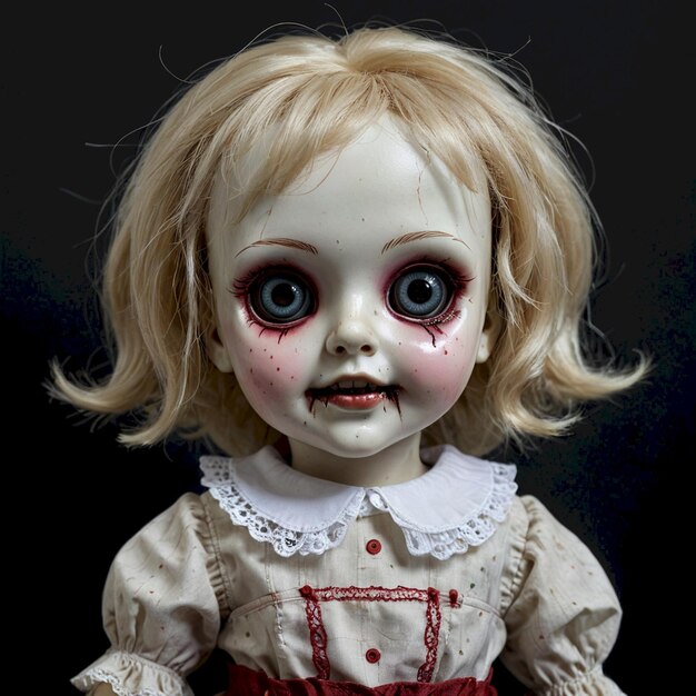 Photo a doll with red hair and a white dress has a creepy face