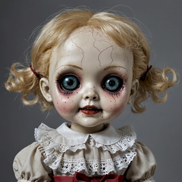 Photo a doll with red hair and a white dress has a creepy face