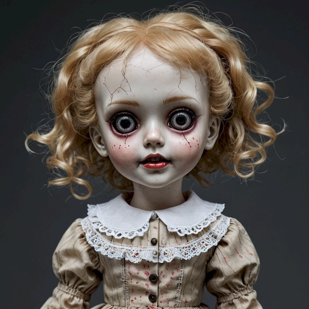 a doll with red hair and a white dress has a creepy face