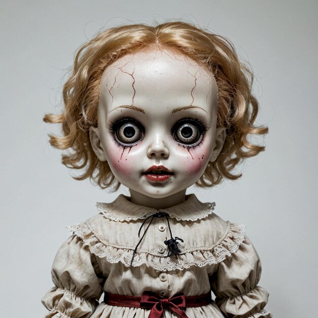 Photo a doll with red hair and a white dress has a creepy face