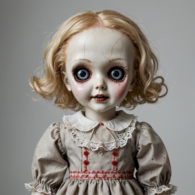 a doll with red hair and a white dress has a creepy face