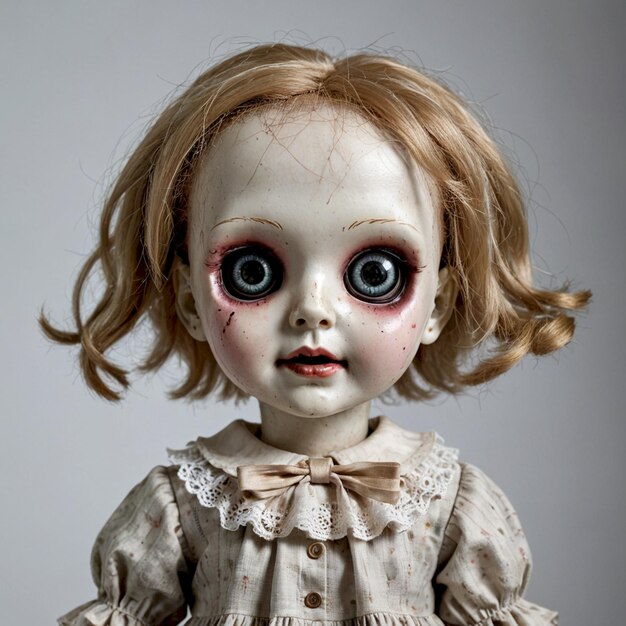 a doll with red hair and a white dress has a creepy face