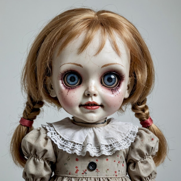 a doll with red hair and a white dress has a creepy face