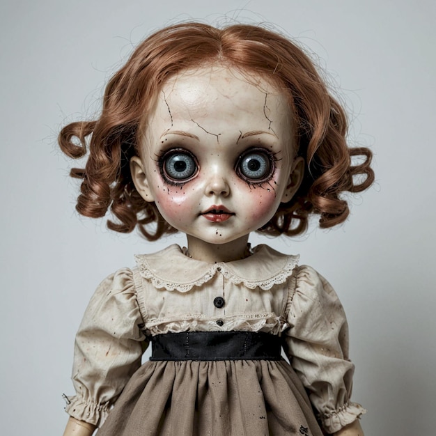 a doll with red hair and a white dress has a creepy face