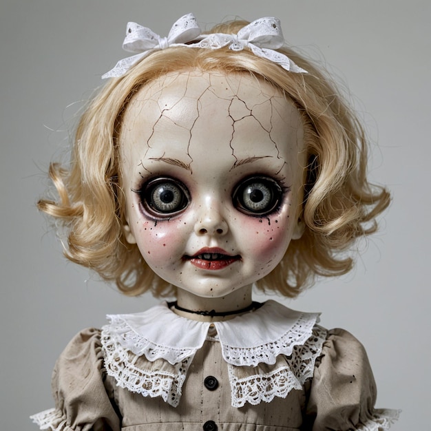 a doll with red hair and a white dress has a creepy face