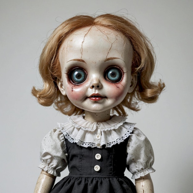 a doll with red hair and a white dress has a creepy face