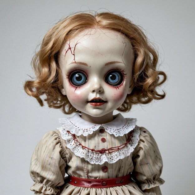 a doll with red hair and a white dress has a creepy face