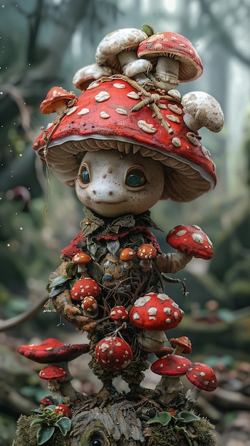 a doll with a red hat and mushrooms on it