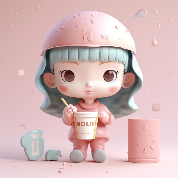 A doll with the word molly is sitting next to a bucket and a bucket.