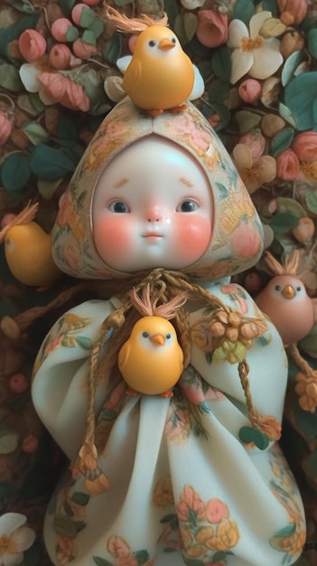 A doll with a yellow bird on it.