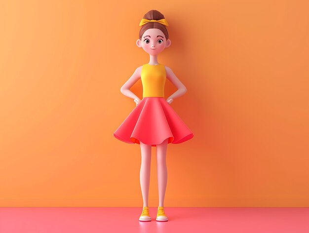 Photo a doll with a yellow top and a yellow skirt is standing against a orange background