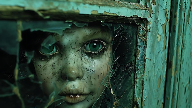 A doll39s face peering through a broken window pane with a haunting expression