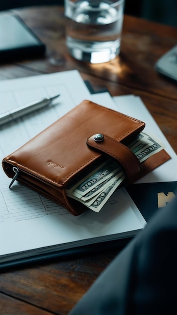 Dollar banknotes in leather mens wallet on brown wooden table