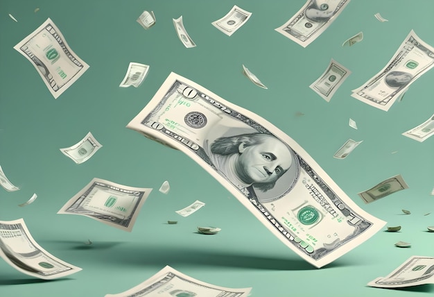 Photo a dollar bill is flying in the air over a green background