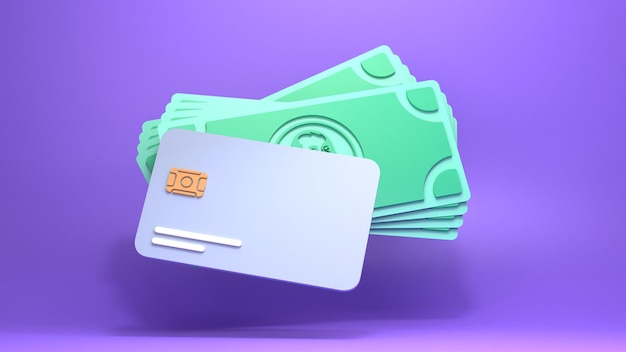 Dollar bills and a bank card 3d render