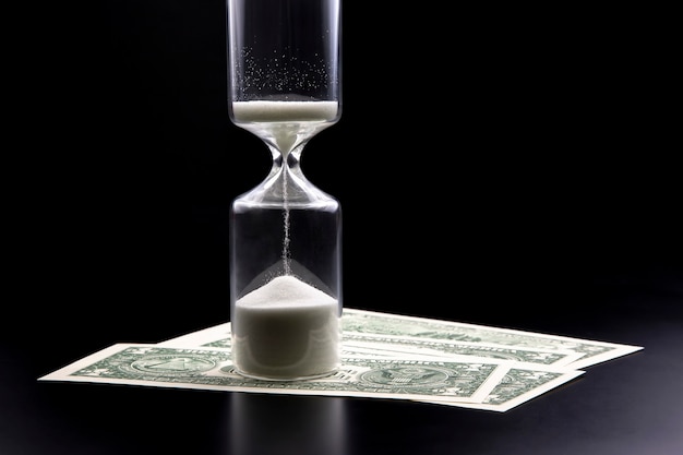 Photo dollar bills lie near the hourglass. time is money.