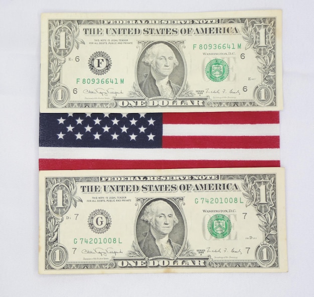 Photo dollar bills in various denominations with a brazilian passport and the flag of the united states