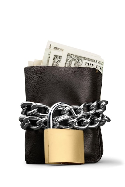 Dollar Bills in a Wallet with Padlock and Chain