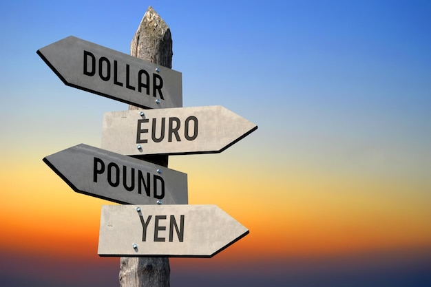 Dollar euro pound yen wooden signpost