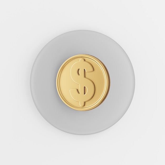 Dollar gold coin icon in cartoon style. 3d rendering gray round button key, interface ui ux element.