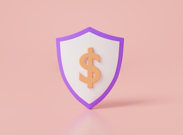 Dollar and shield with security icons on pink background Deposit money Online payment protection Saving money Money security concept 3d rendering illustration minimal cartoon style