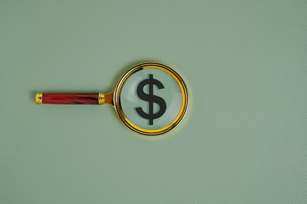 Dollar symbol under a magnifying glass on a green background