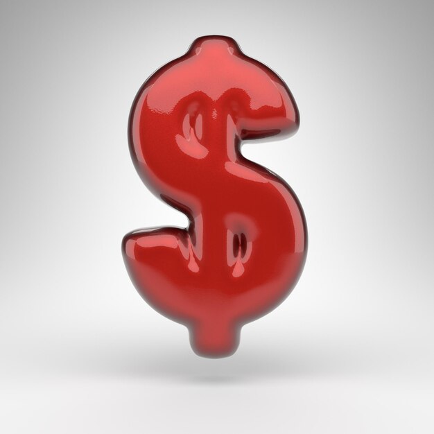 Dollar symbol on white background. Red car paint 3D rendered sign with glossy metallic surface.