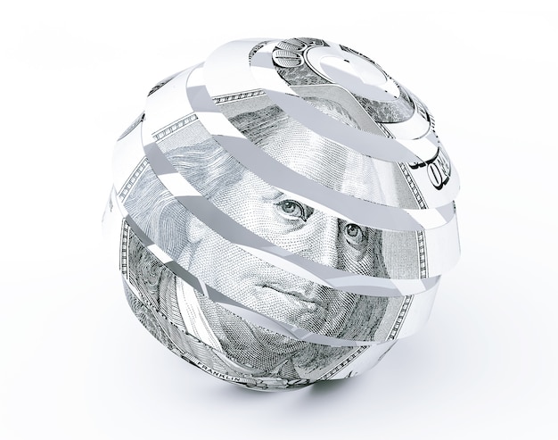 Photo dollars bill as abstract spiral sphere on a white background