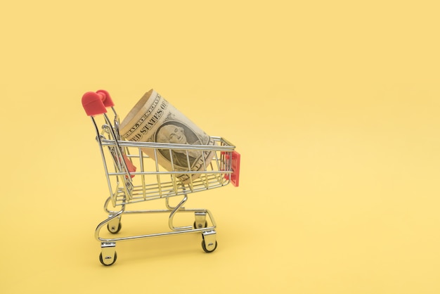 Dollars in a supermarket trolley. The concept of buying and selling in a store.