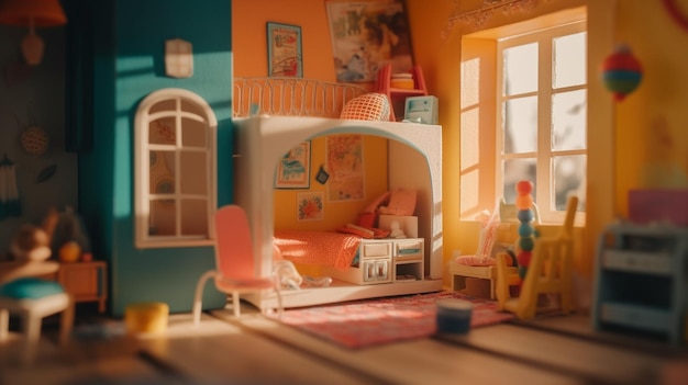 A dollhouse with a blue and orange wall and a window that says'i love you '