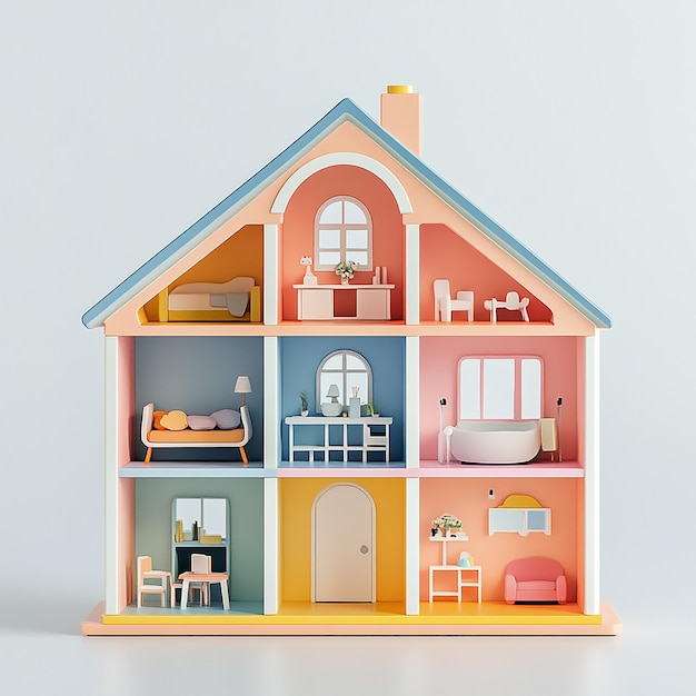 a dollhouse with a blue roof and a pink door