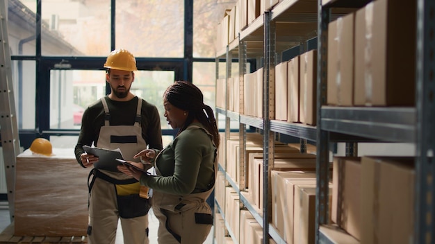 Dolly out shot of warehouse staff inputing updated products info on online shopping website, walking through distribution center aisles inspecting labels on wares, crosschecking with inventory list