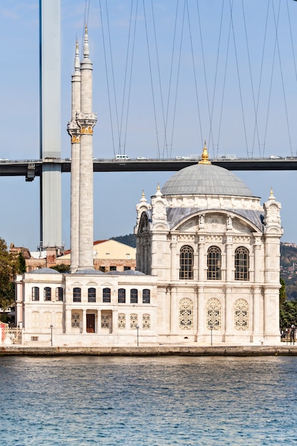 The Dolmabahce Mosque is in Istanbul, Turkey. It was commissioned by queen mother Bezmi Alem Valide Sultan.