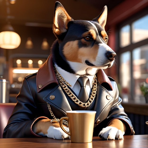 Dolmate Dog is an anthropomorphic dog who is often seen closeup sitting in a cafe with a cup of co